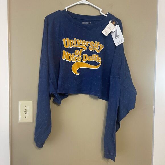University of Notre Dame Navy Oversized Long Sleeve Bleach Dye Crop Top Medium - Picture 1 of 13